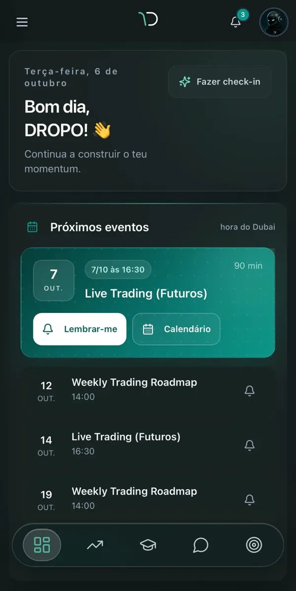 Ecrã da app DROPOWER com os próximos eventos ao vivo
