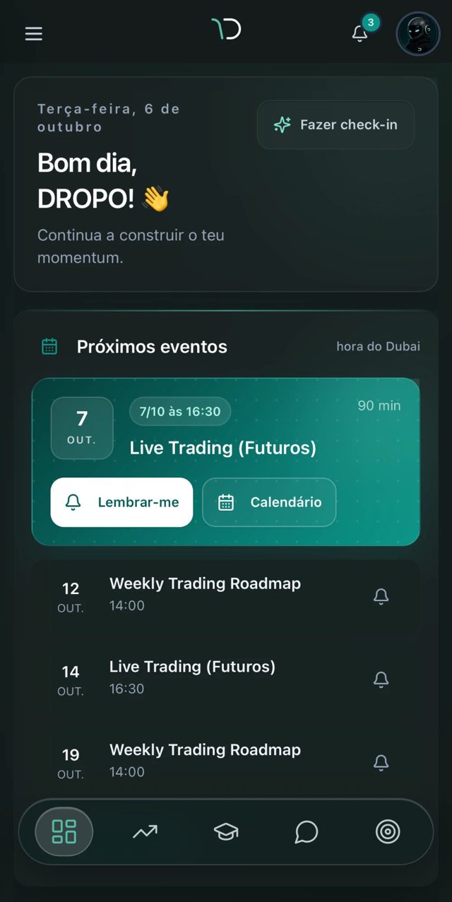 Ecrã da app DROPOWER com os próximos eventos ao vivo