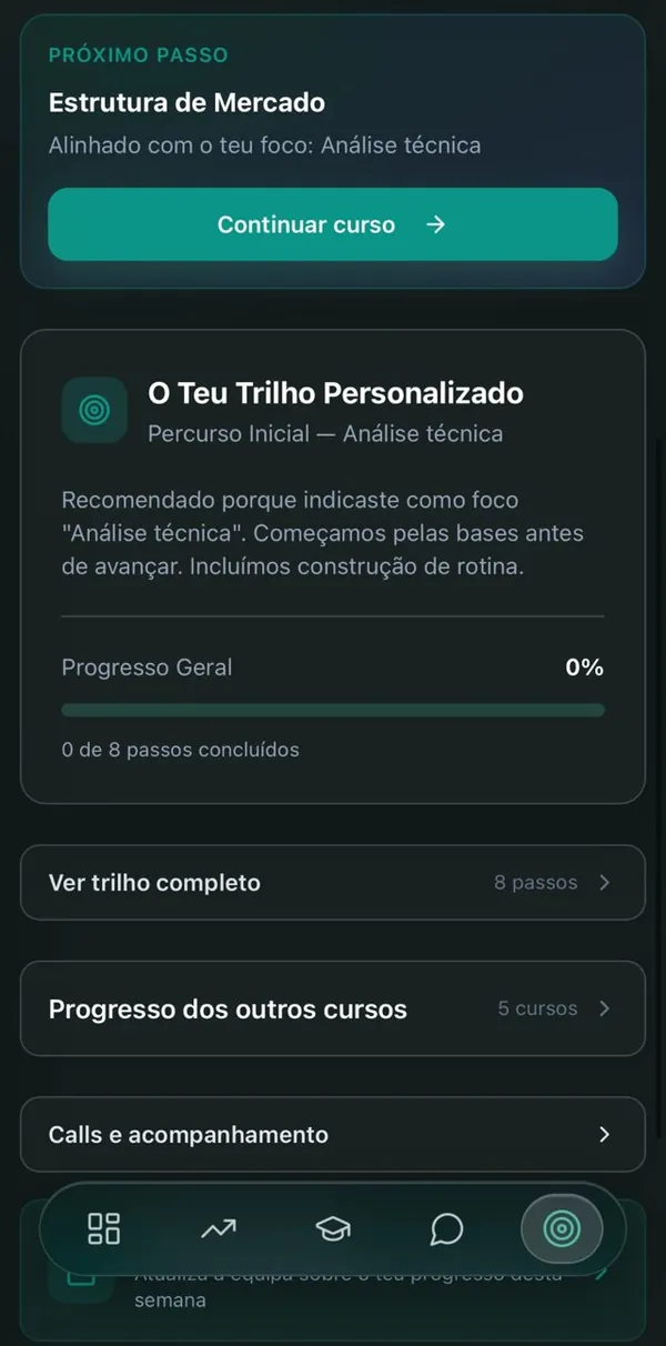 Ecrã da app DROPOWER com o próximo passo e o trilho personalizado